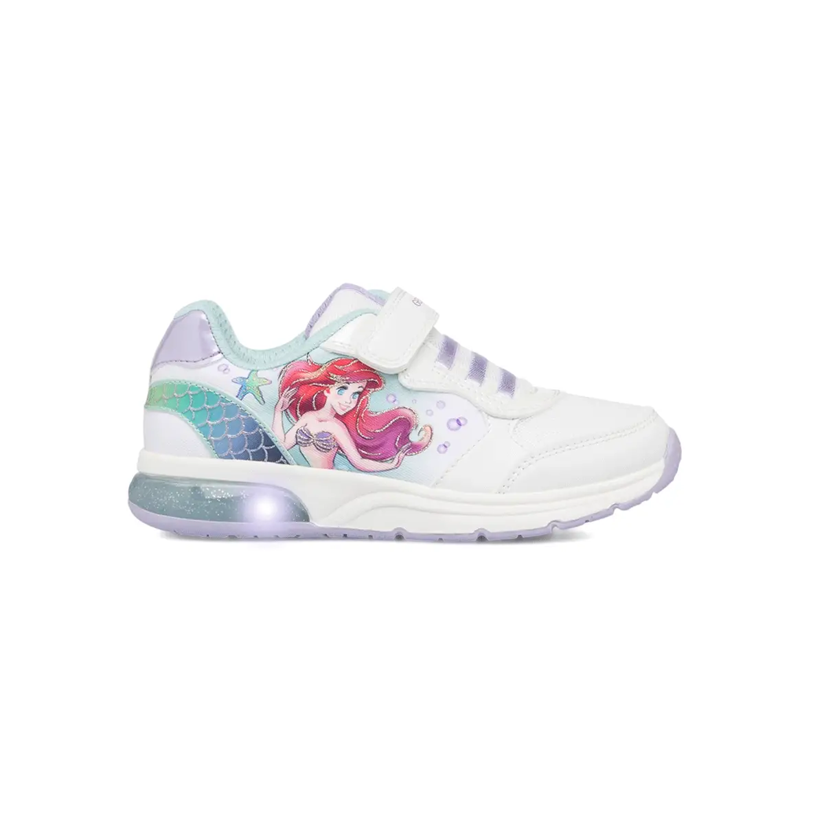Sneakers da bambina bianche con luci nella suola e stampa La Sirenetta Geox Spaceclub