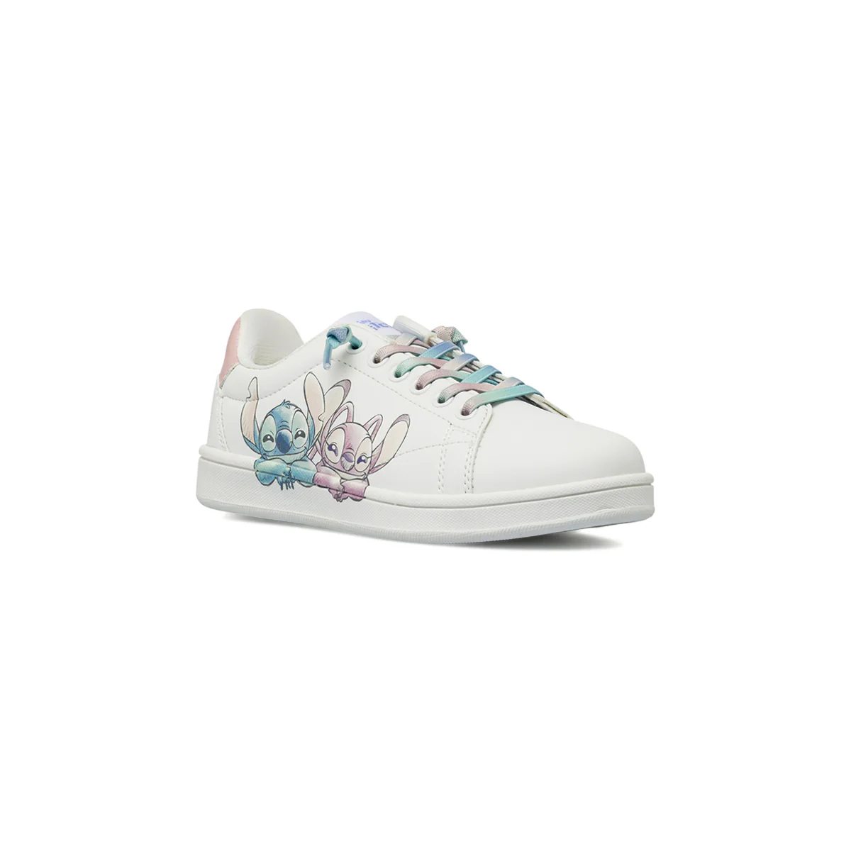 Sneakers da bambina bianche Stitch con Stitch con lacci arcobaleno - Image 2