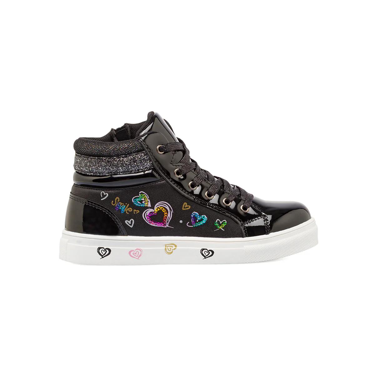 Sneakers da bambina nere Dieci Baci con cuori iridescenti e glitter