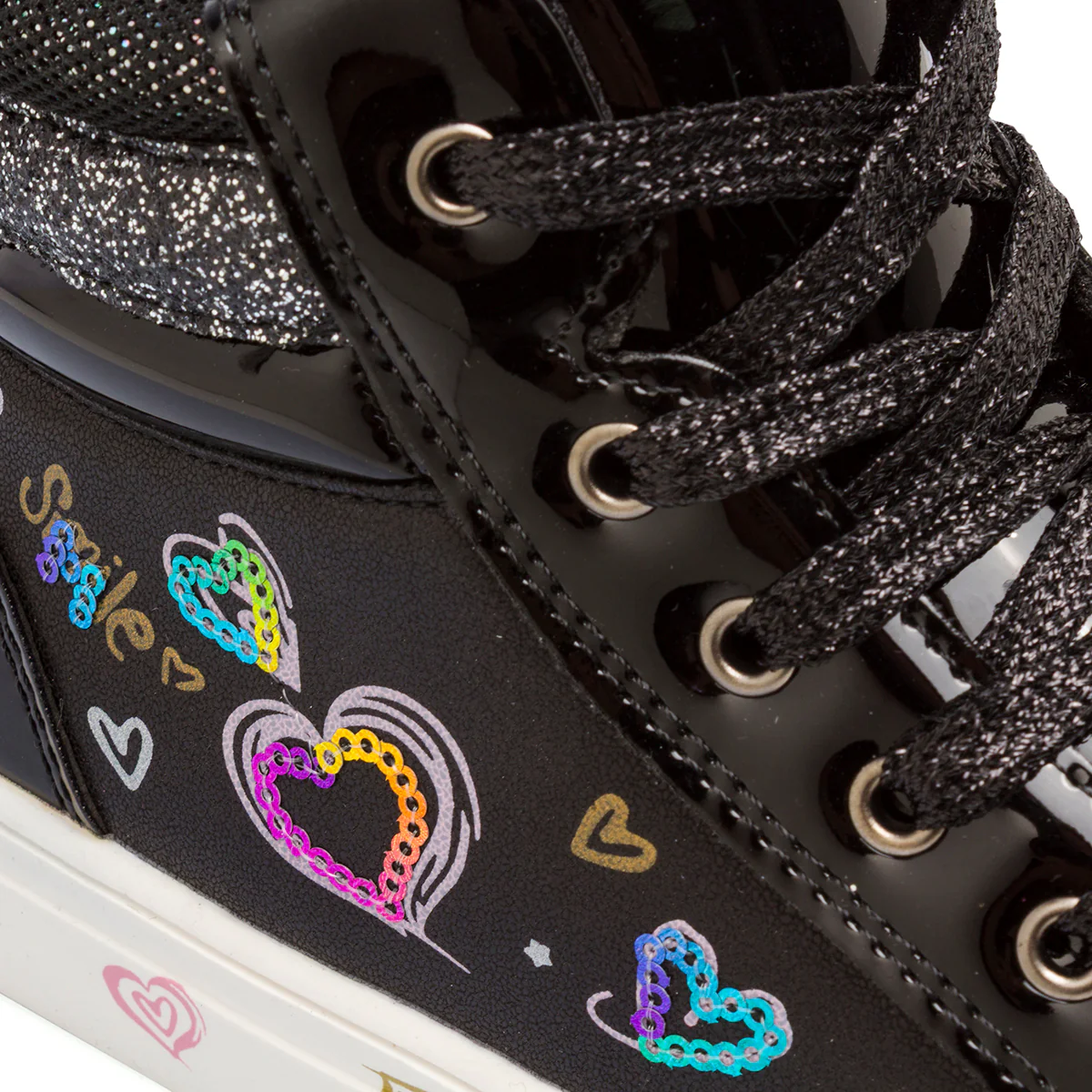 Sneakers da bambina nere Dieci Baci con cuori iridescenti e glitter - Image 6