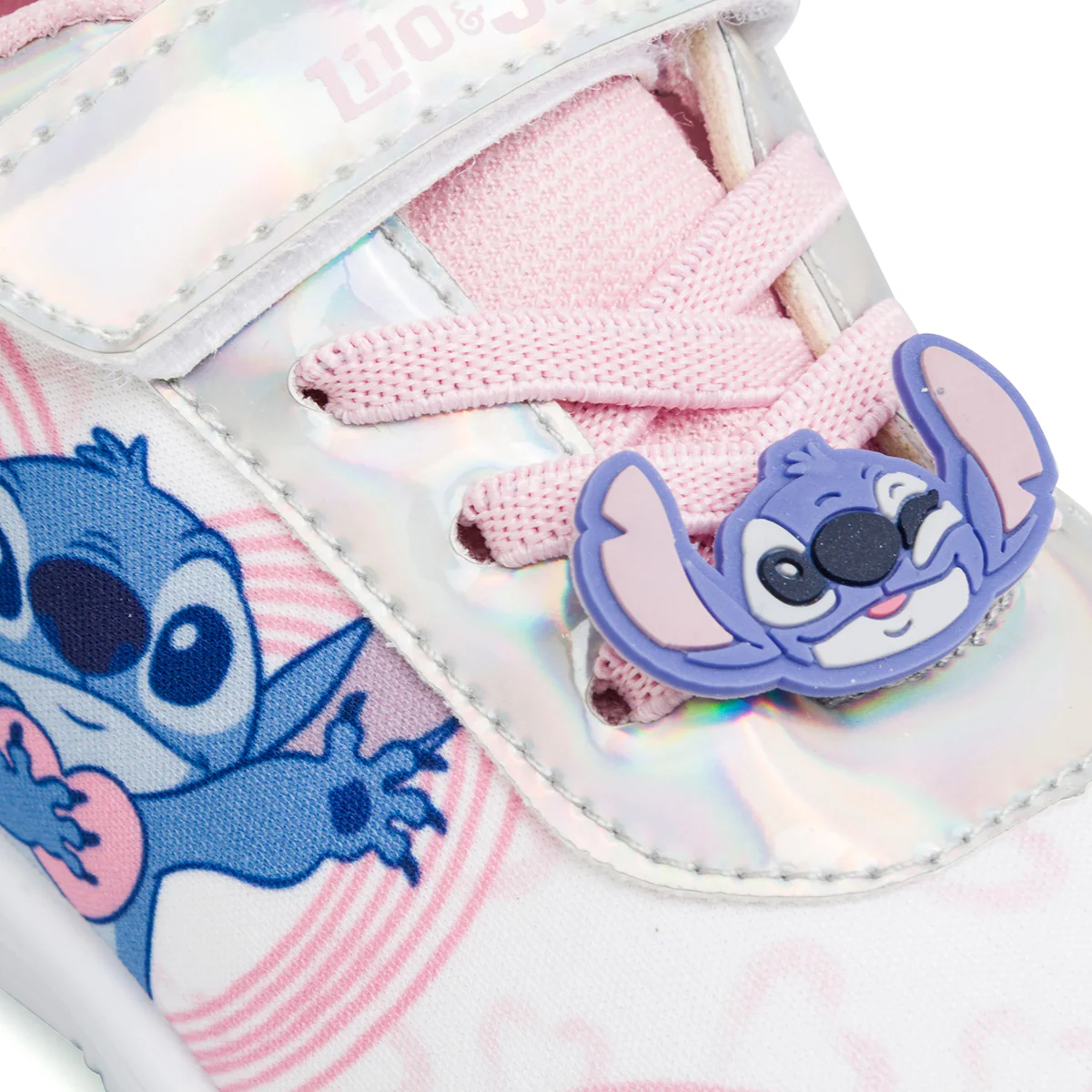 Sneakers da bambina rosa e bianche con luci e patch Stich - Image 4