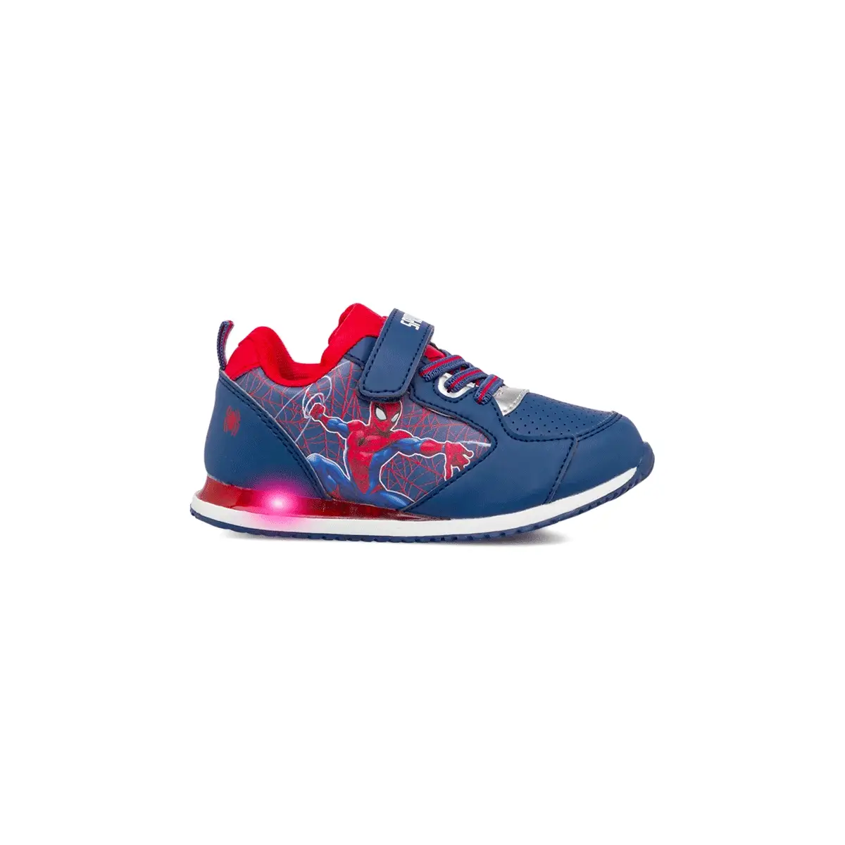 Sneakers da bambino blu e rosse con luci nella suola Spiderman