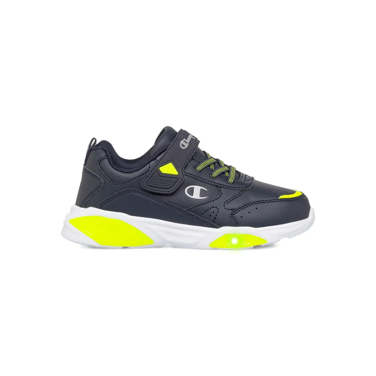 Sneakers da bambino blu navy con dettagli gialli e luci nella suola Champion Wave