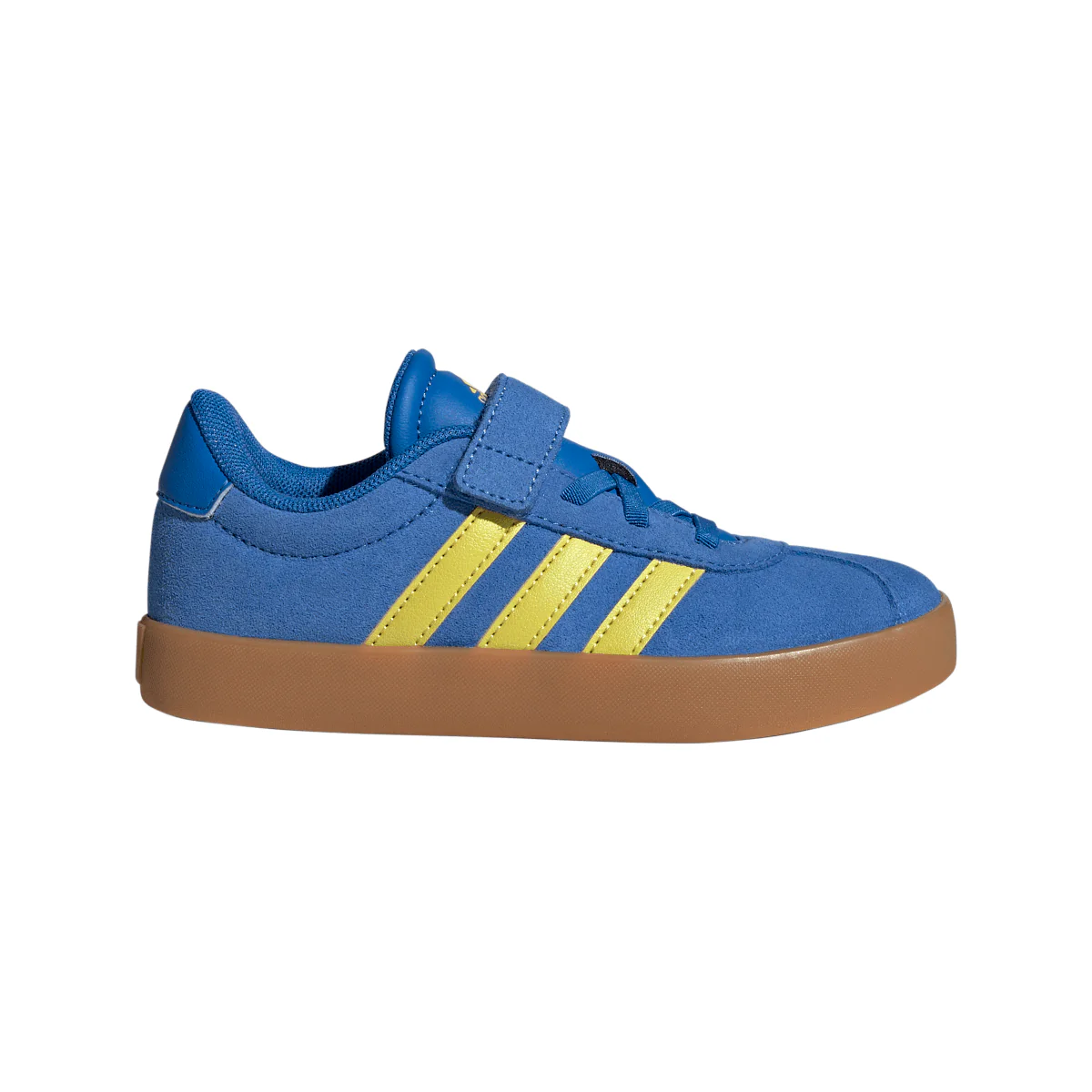 Sneakers da bambino e bambina in pelle effetto scamosciato blu e gialle adidas VL Court 2.0