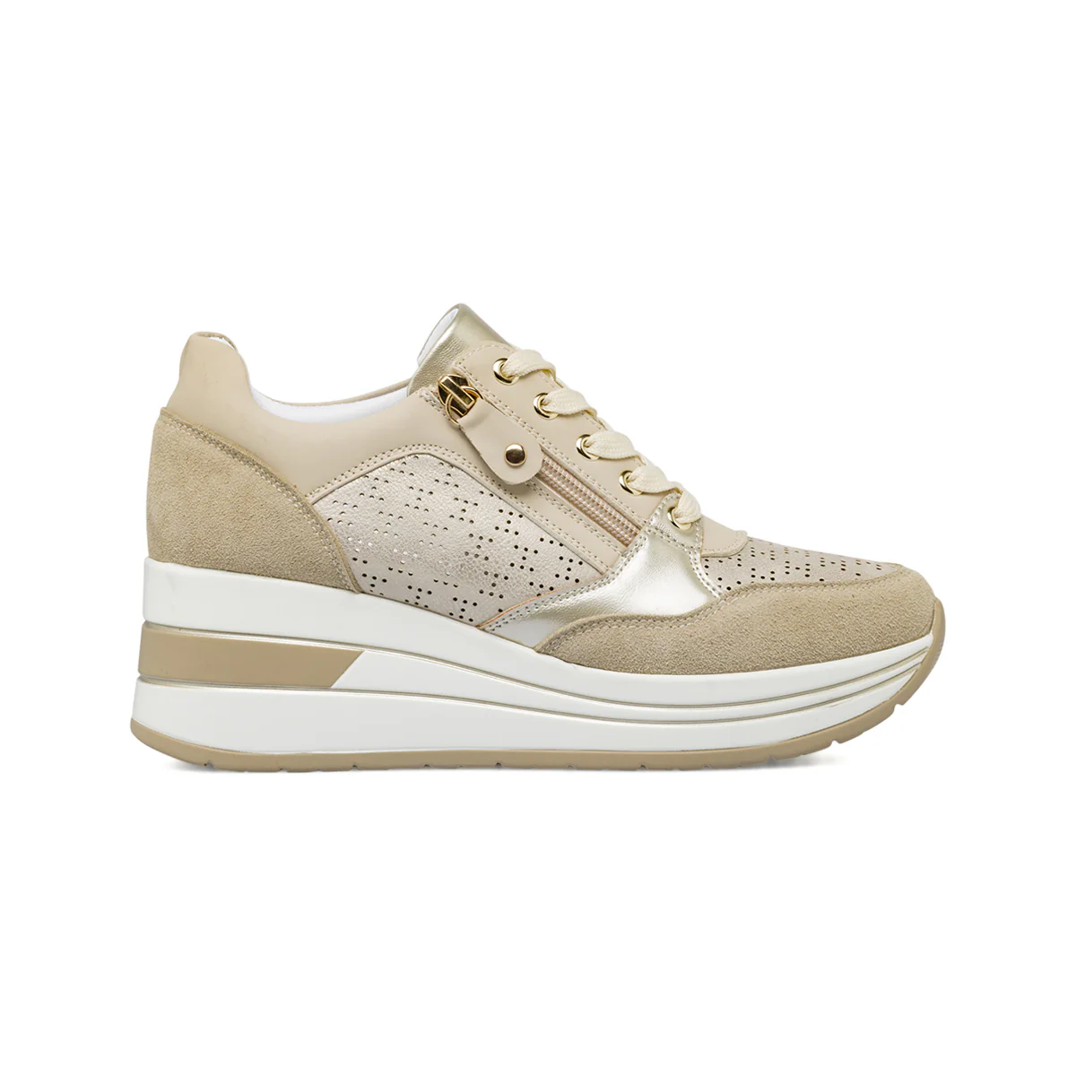 Sneakers da donna beige con zeppa e dettagli laminati oro Lora Ferres