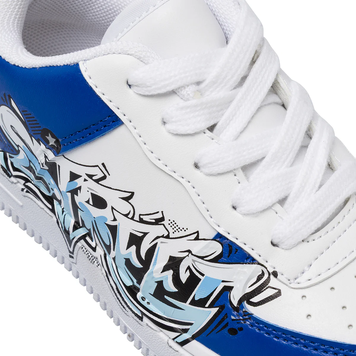 Sneakers da ragazzo bianche con graffiti blu e stampa street Space Boy - Image 4