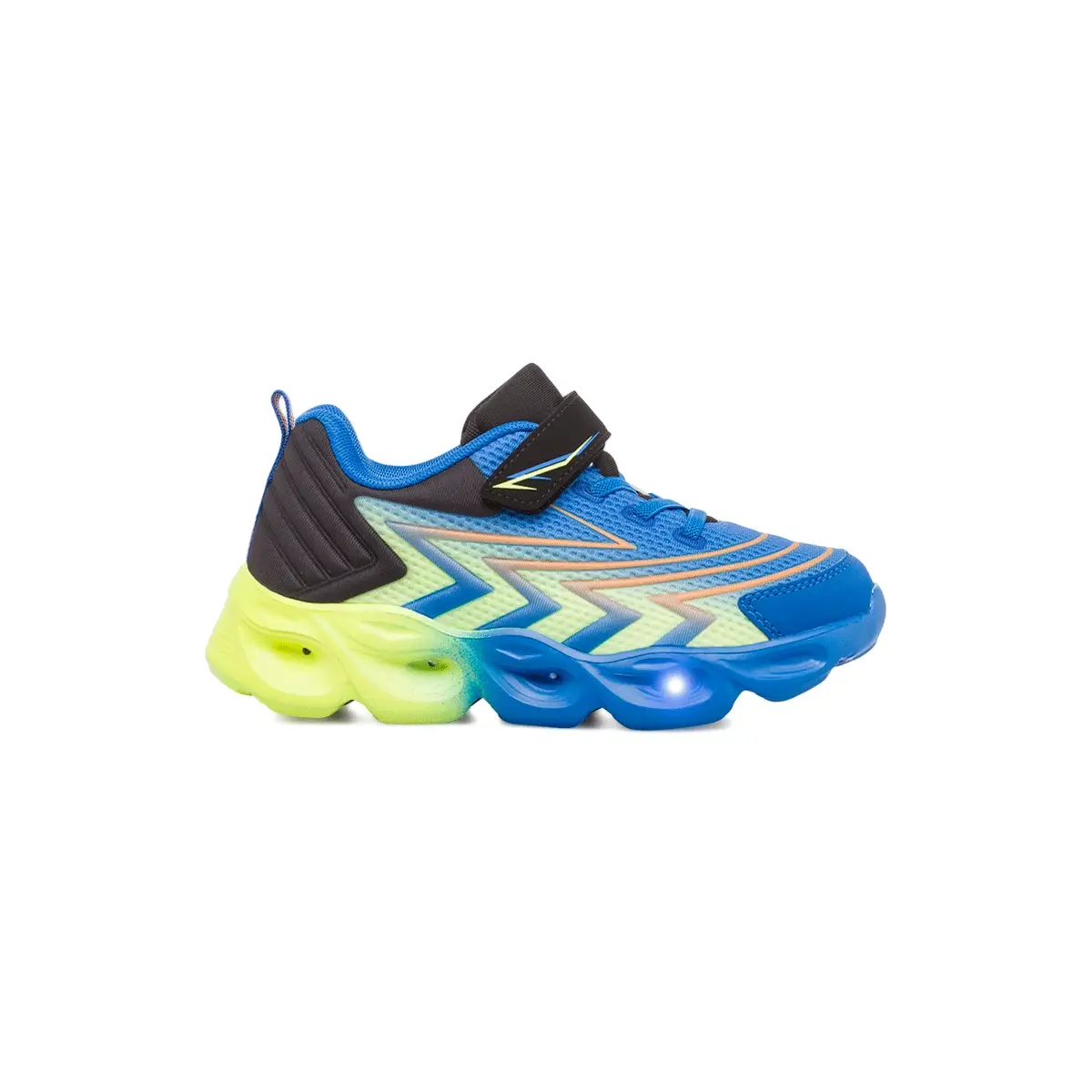 Sneakers da ragazzo blu giallo fluo e nere con luci nella suola Space Boy
