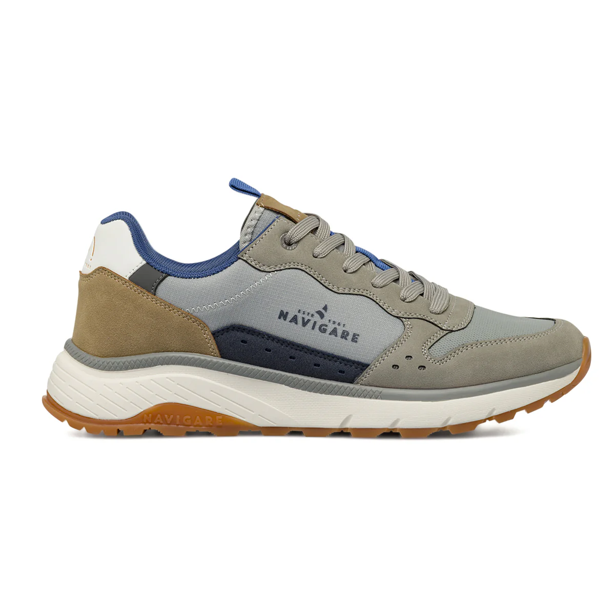 Sneakers da uomo grigie con dettagli blu e beige Navigare