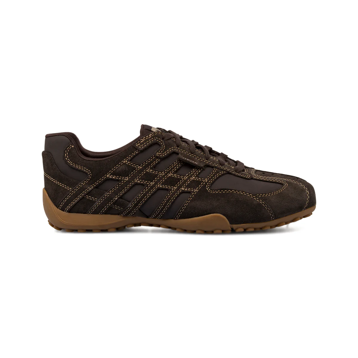 Sneakers da uomo marroni in pelle scamosciata con cuciture beige a contrasto Geox