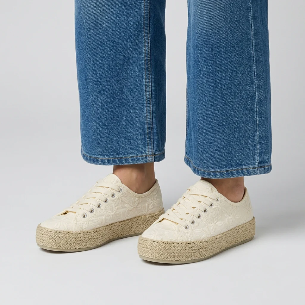 Sneakers donna beige con ricamo floreale e suola in corda Lora Ferres