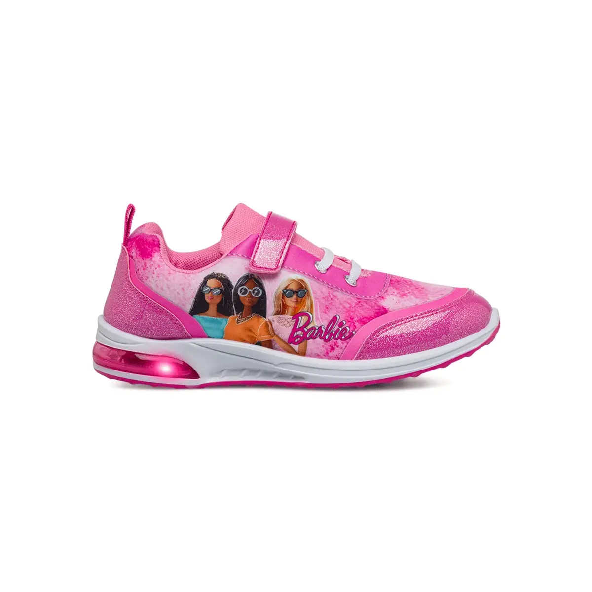 Sneakers fucsia da bambina con luci nella suola e logo Barbie