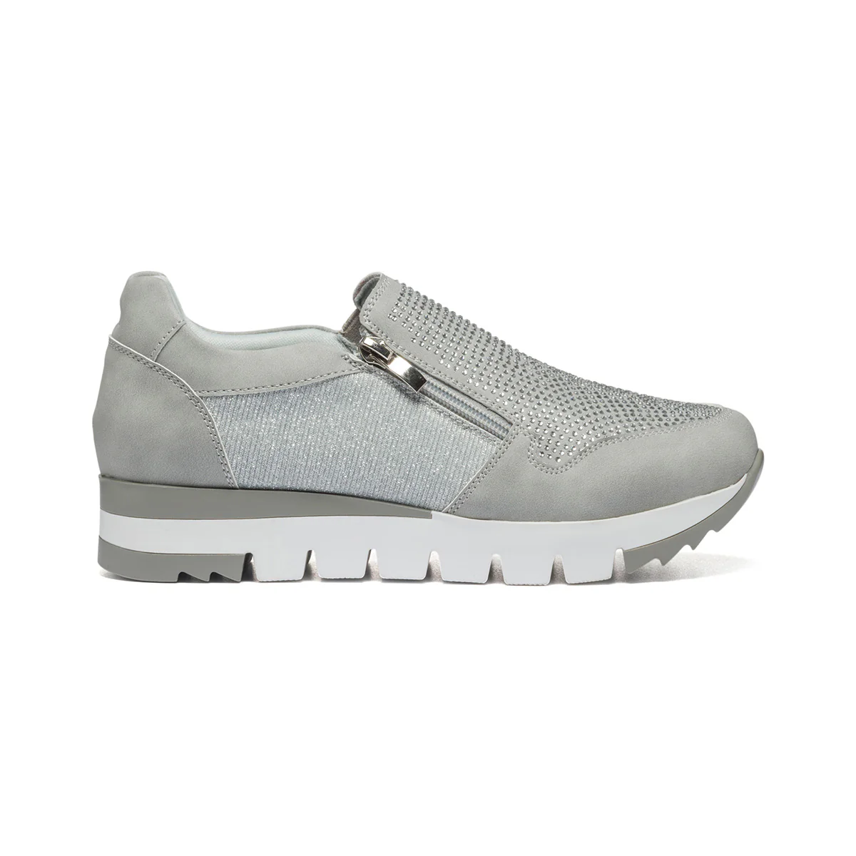 Sneakers grigie e argento effetto glitterato con applicazione di strass Lora Ferres