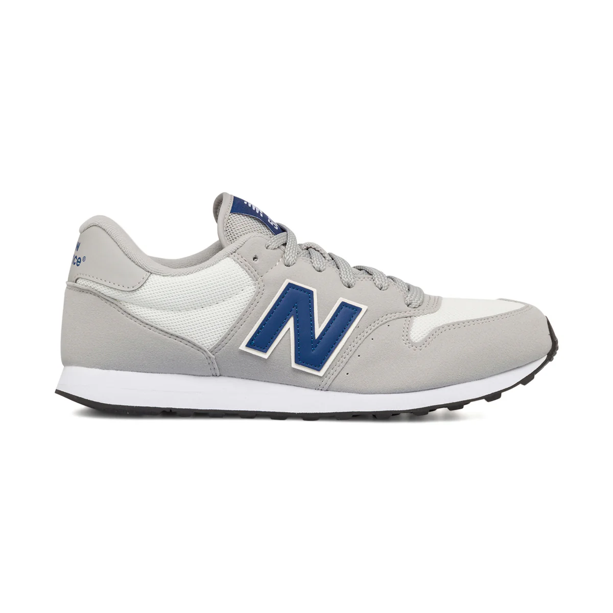 Sneakers grigie e bianche da uomo in mesh traspirante con dettagli blu New Balance 500