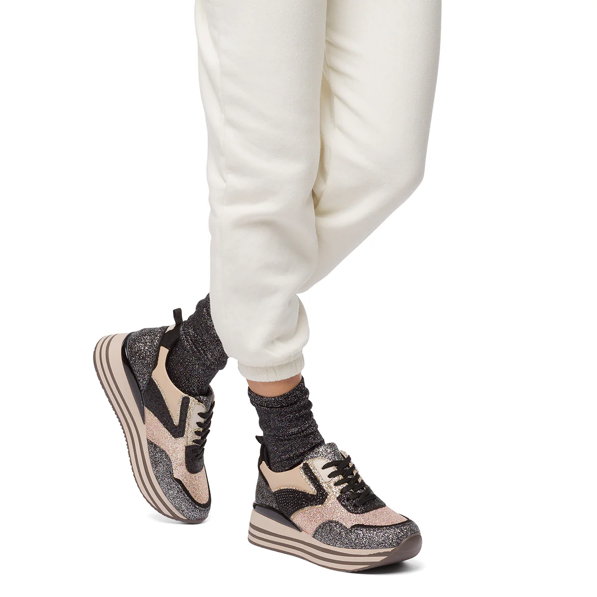 Sneakers oro e argento glitterate da donna con maxi-suola Lora Ferres - Image 3