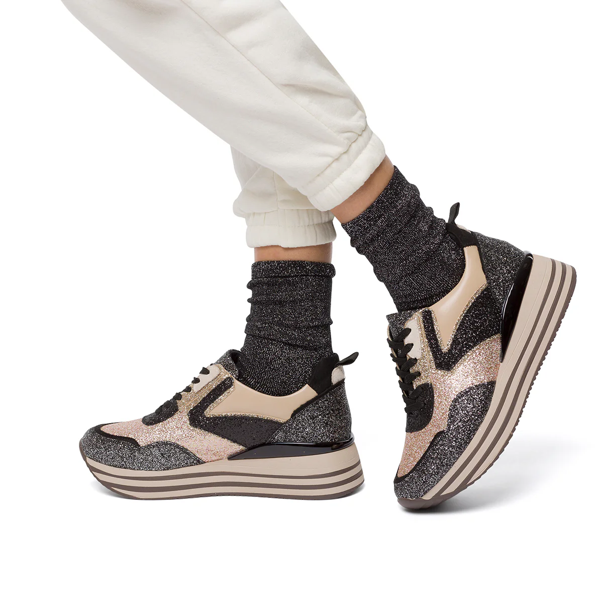 Sneakers oro e argento glitterate da donna con maxi-suola Lora Ferres - Image 7
