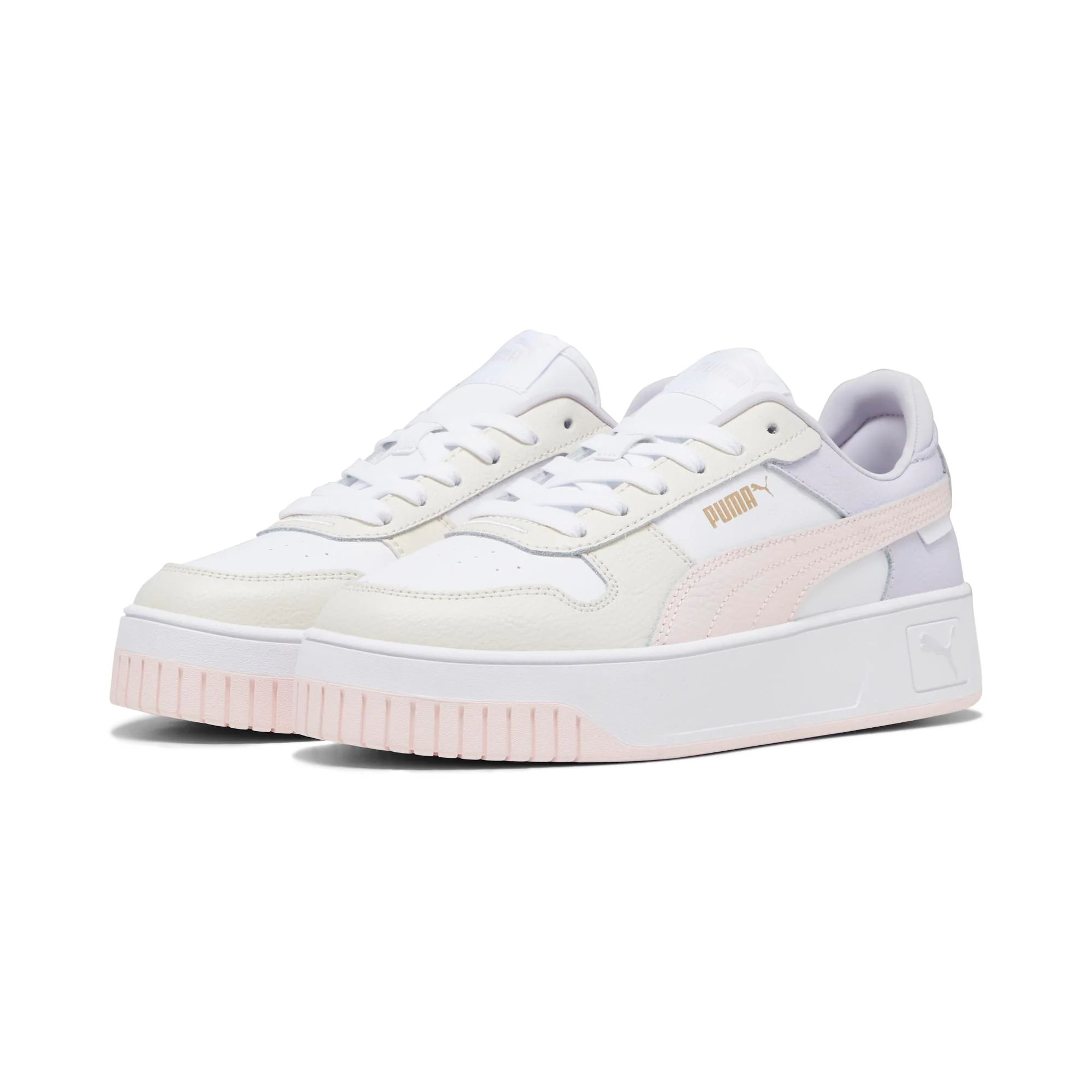 Sneakers platform casual da donna bianche con dettagli rosa e logo Puma Carina Street