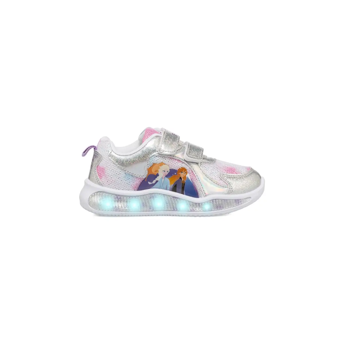 Sneakers primi passi argento da bambina con luci e stampa Elsa e Anna di Frozen