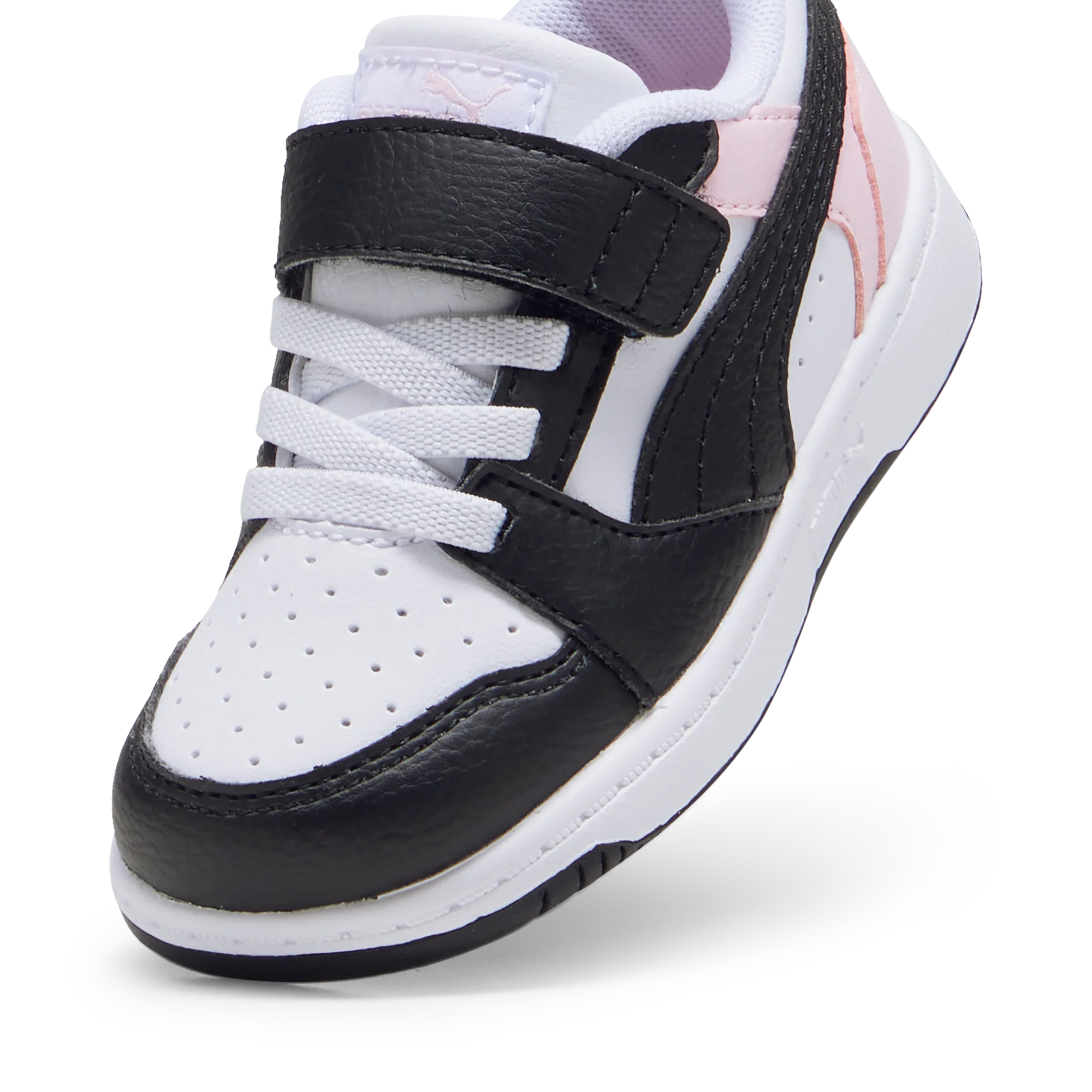 Sneakers primi passi bambina bianche con inserti neri e rosa Puma Rebound V6 - Image 6