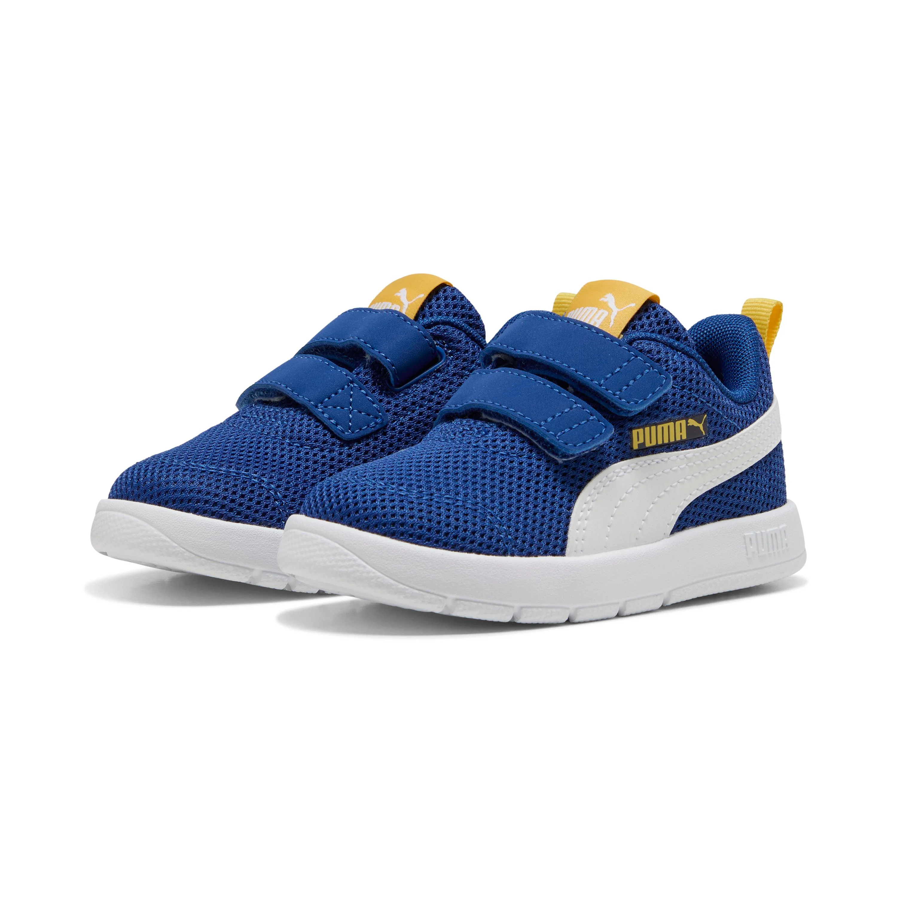 Sneakers primi passi bambino e bambina blu e gialle in tessuto con logo Puma Courtflex V3