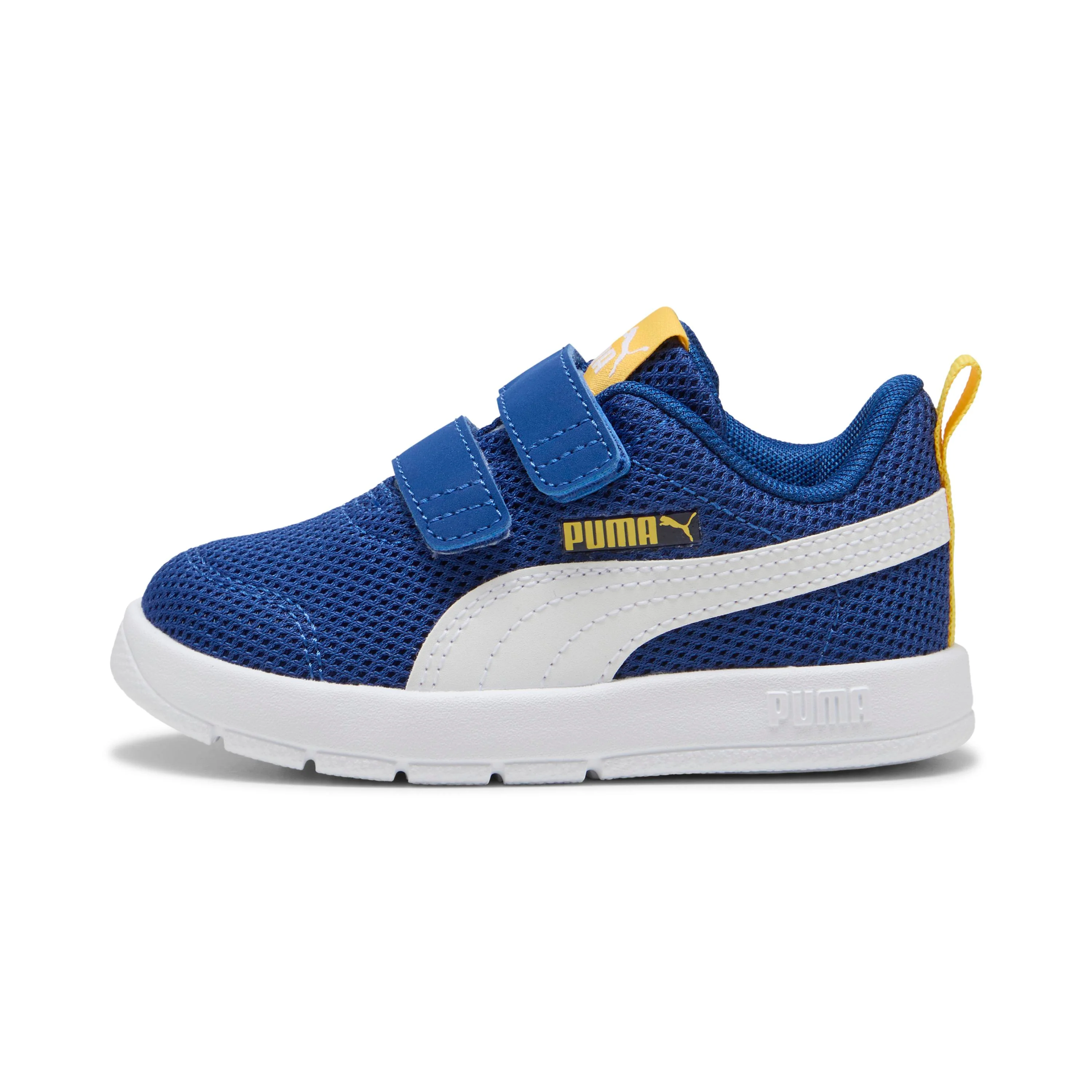 Sneakers primi passi bambino e bambina blu e gialle in tessuto con logo Puma Courtflex V3 - Image 2