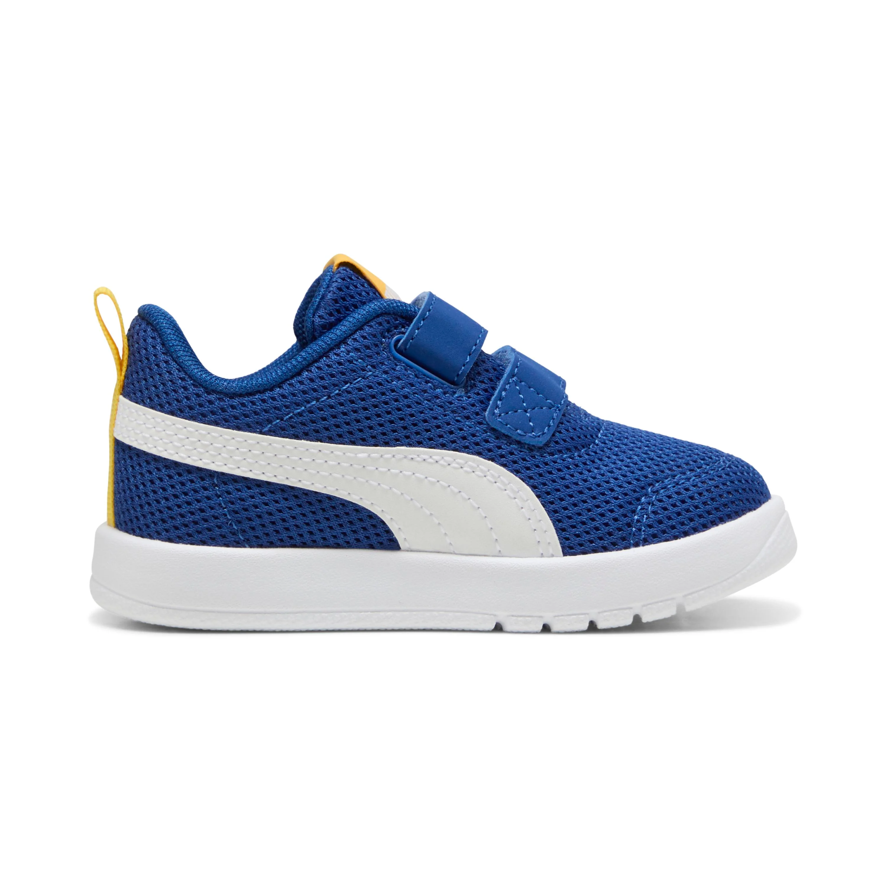Sneakers primi passi bambino e bambina blu e gialle in tessuto con logo Puma Courtflex V3 - Image 4