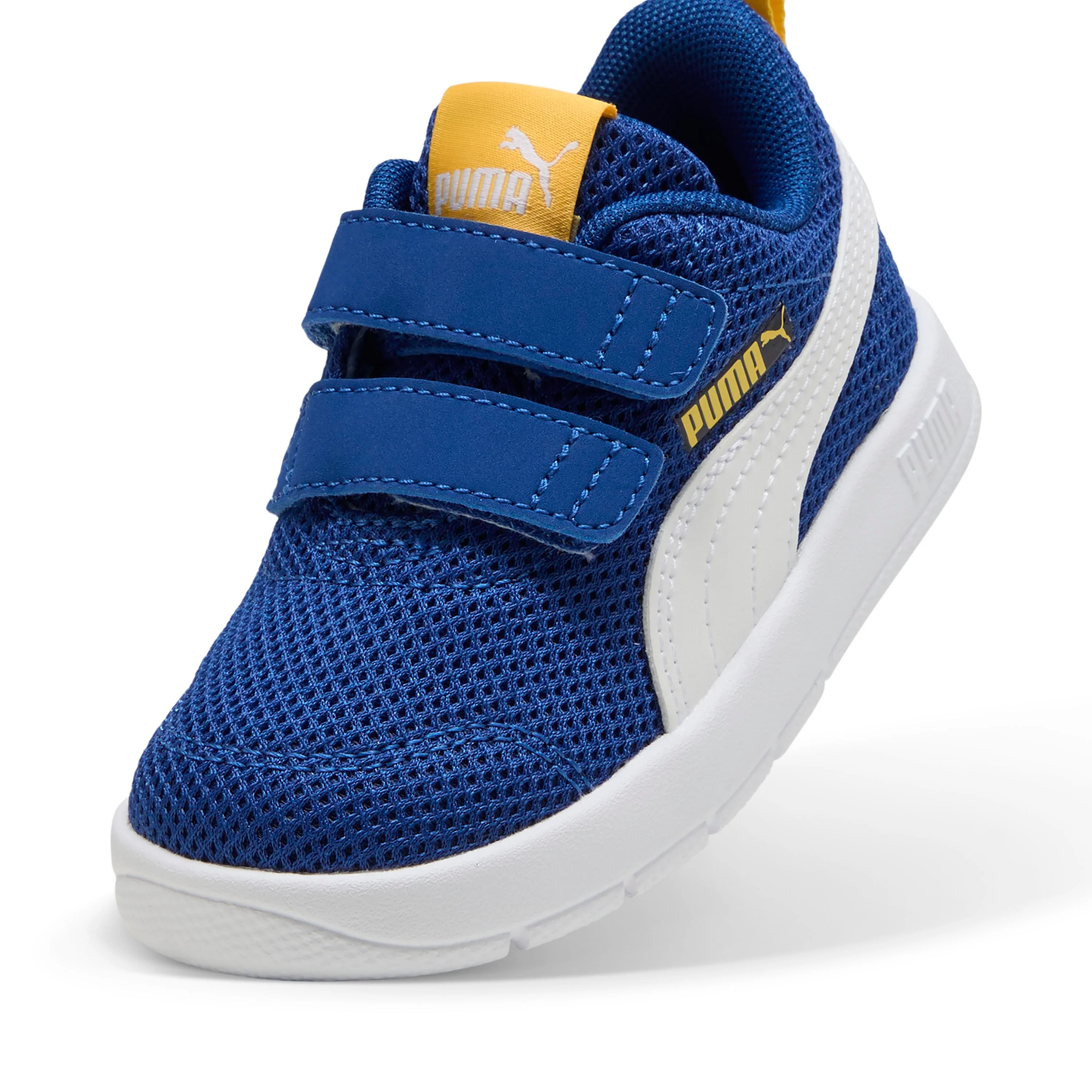 Sneakers primi passi bambino e bambina blu e gialle in tessuto con logo Puma Courtflex V3 - Image 5
