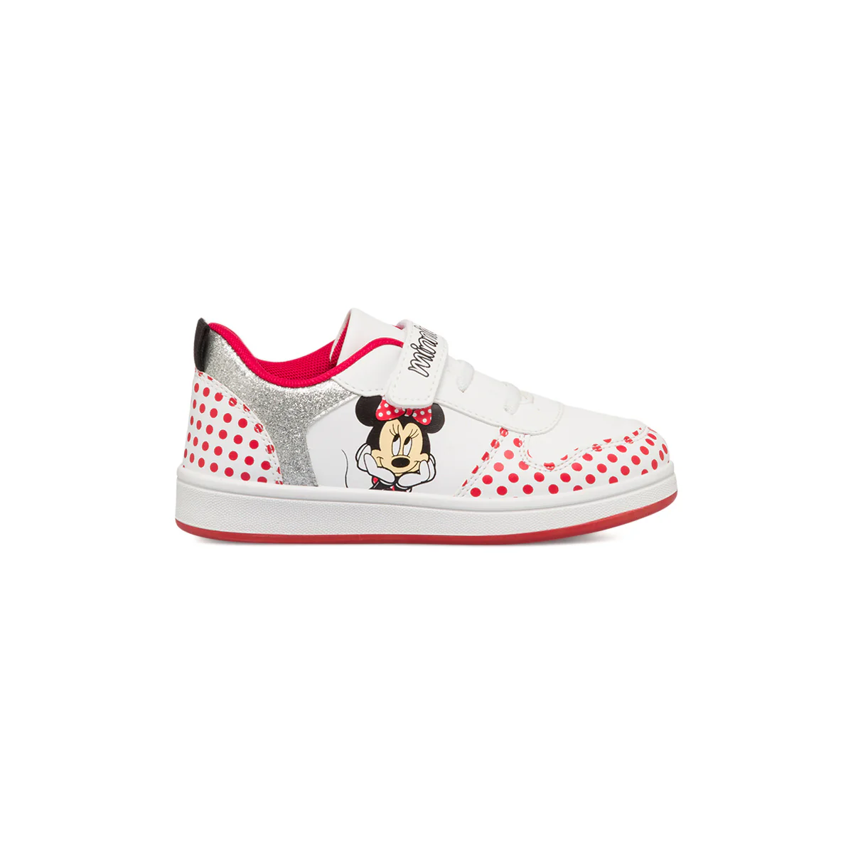 Sneakers primi passi bianche a pois da bambina con glitter argento e stampa Minnie