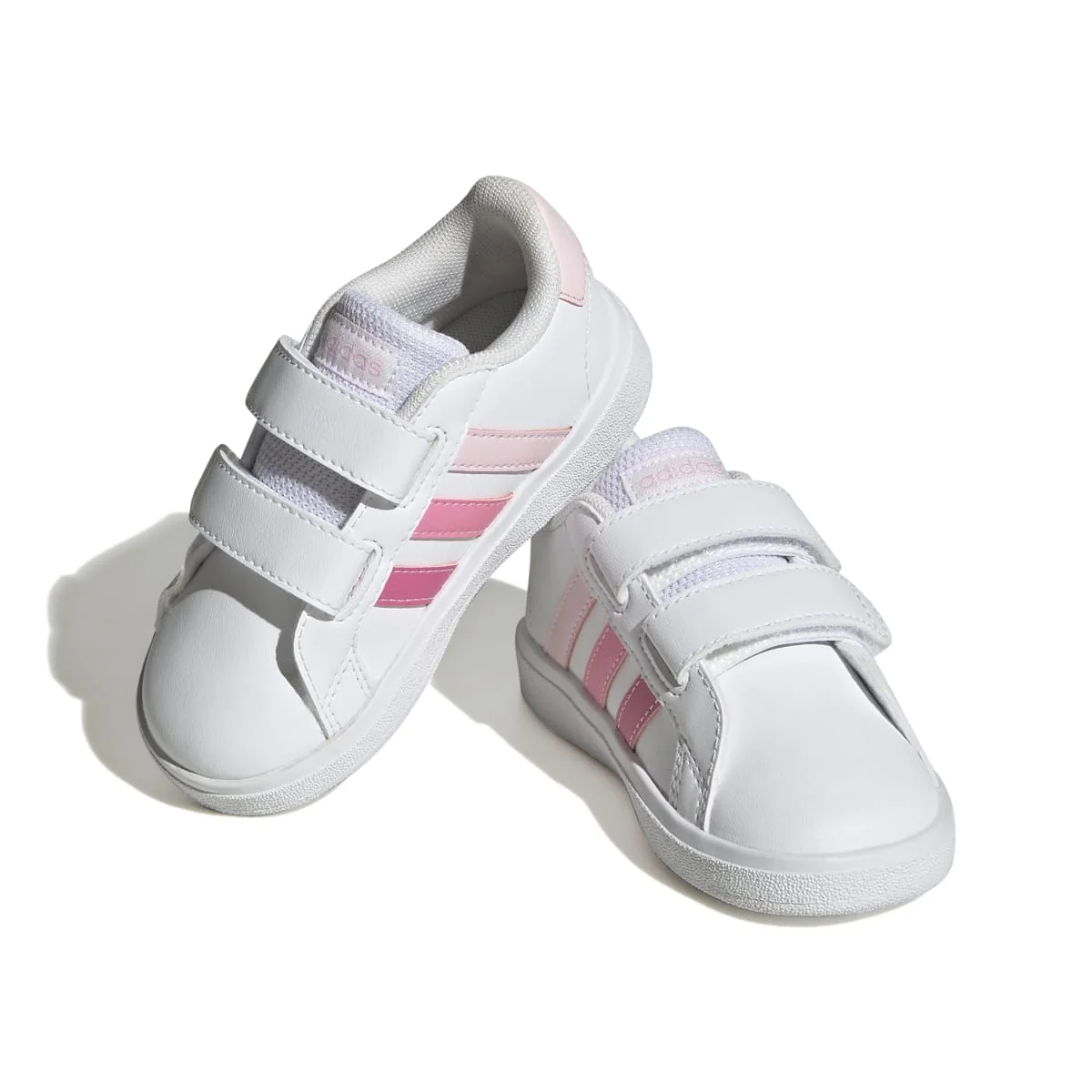 Sneakers primi passi bianche da bambina con strisce laterali rosa adidas Grand Court 2.0 CF