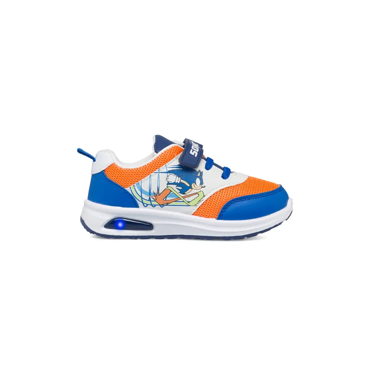 Sneakers primi passi bianche e blu da bambino con luci nella suola e stampa Sonic