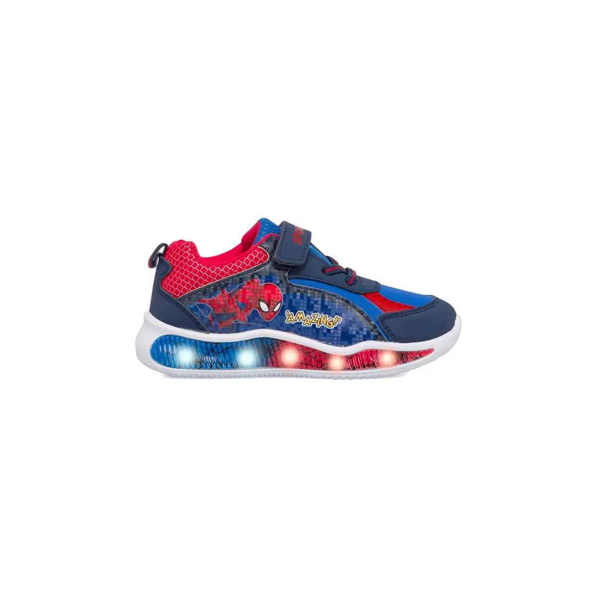 Sneakers primi passi blu da bambino con luci e stampa Spiderman
