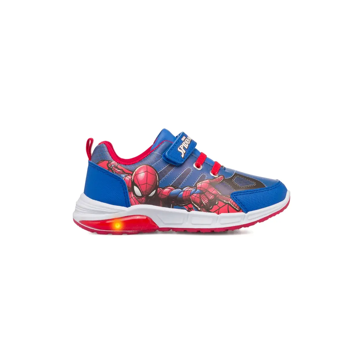 Sneakers primi passi blu da bambino con luci nella suola e stampa Spiderman