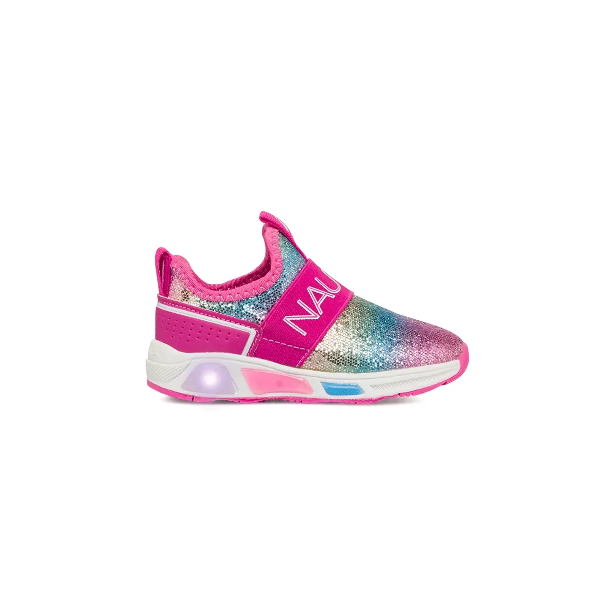 Sneakers primi passi da bambina con paillettes arcobaleno e luci nella suola Nautica