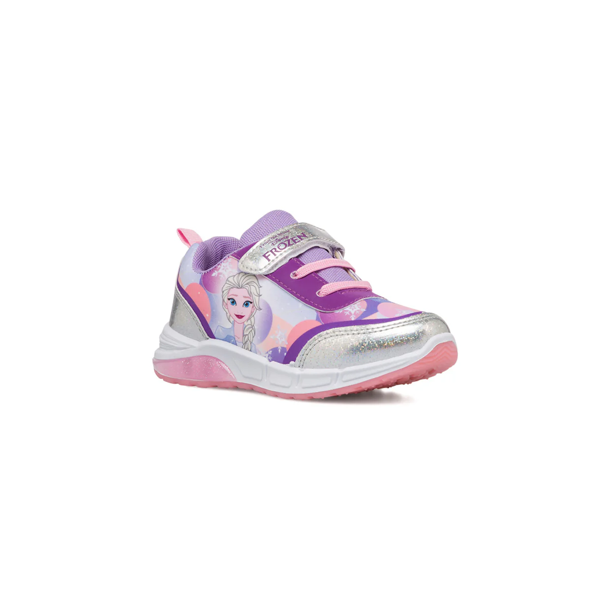 Sneakers primi passi da bambina lilla e argento con luci nella suola e stampa Frozen - Image 2