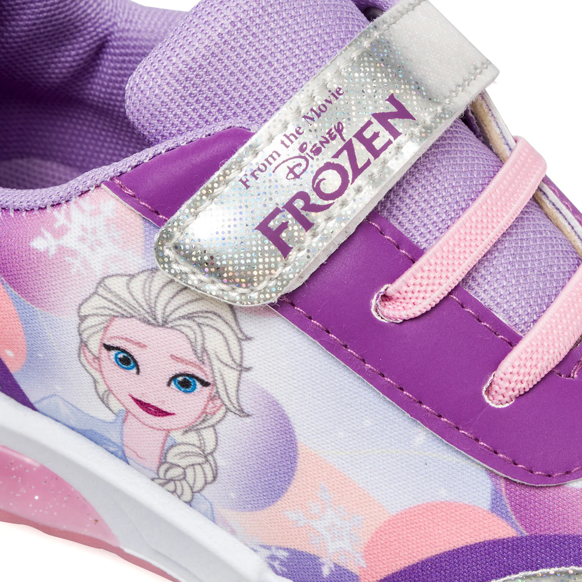 Sneakers primi passi da bambina lilla e argento con luci nella suola e stampa Frozen - Image 5