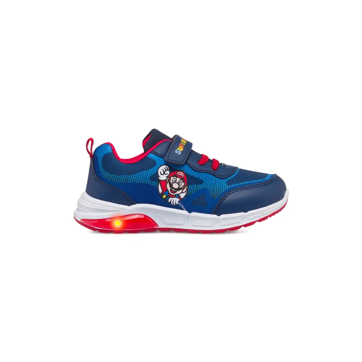 Sneakers primi passi da bambino blu con luci nella suola e stampa Super Mario