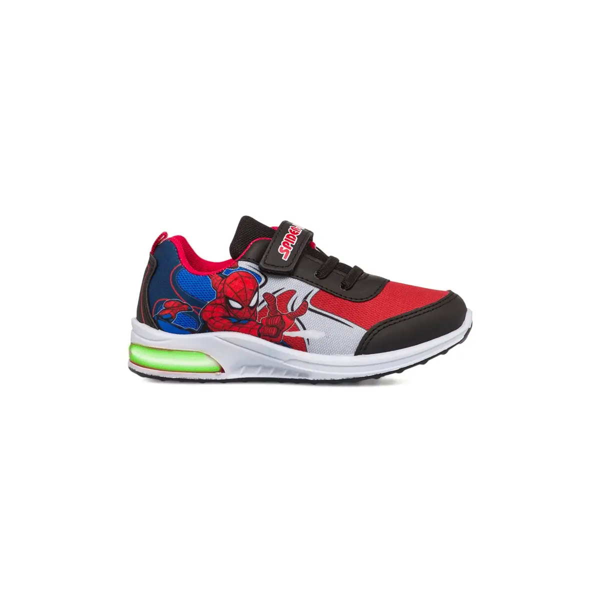 Sneakers primi passi da bambino rosse e blu con luci nella suola e stampa Spiderman