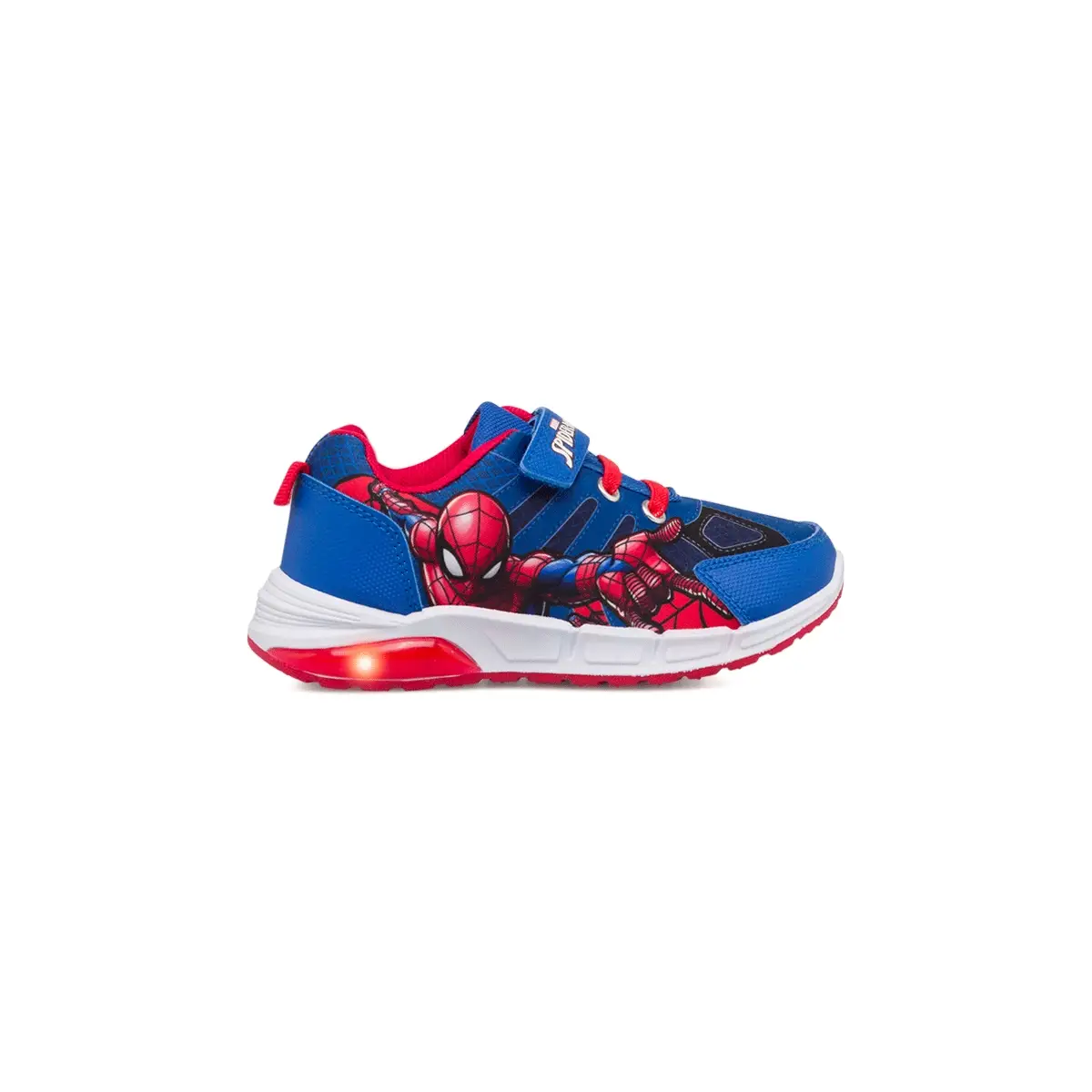 Sneakers primi passi da bambino rosse e blu con luci nella suola e stampa Spiderman
