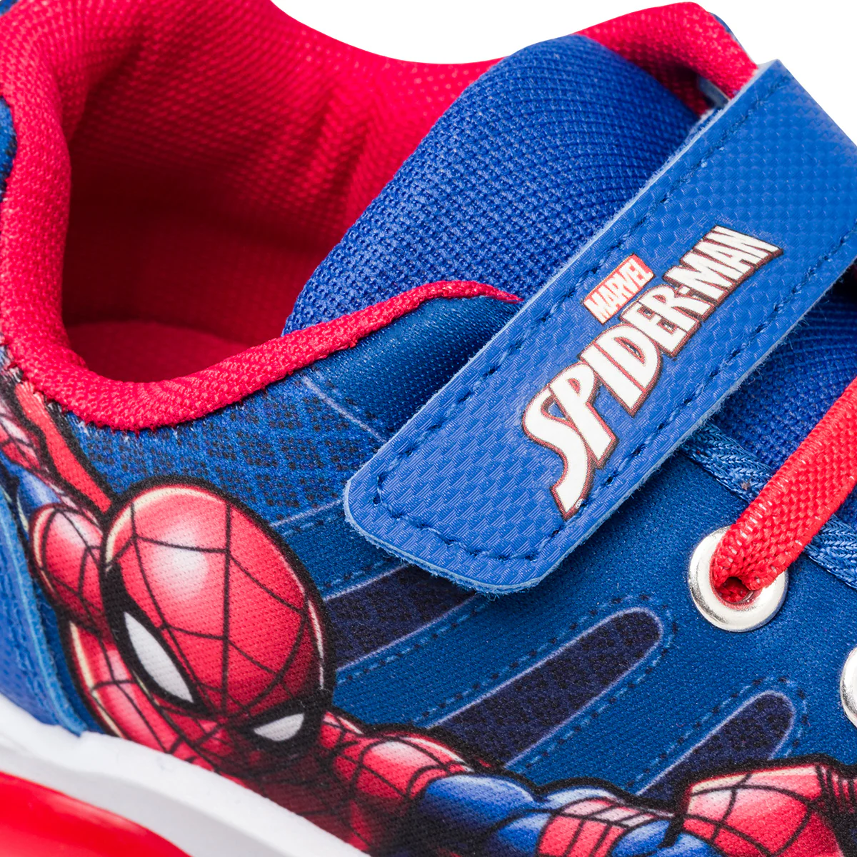 Sneakers primi passi da bambino rosse e blu con luci nella suola e stampa Spiderman - Image 5
