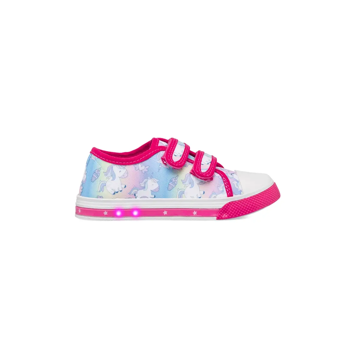 Sneakers primi passi fucsia da bambina con luci nella suola e stampa Unicorno