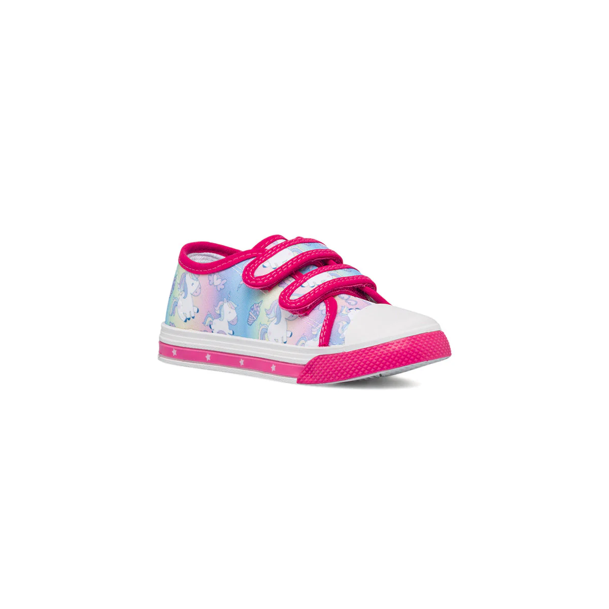 Sneakers primi passi fucsia da bambina con luci nella suola e stampa Unicorno - Image 2