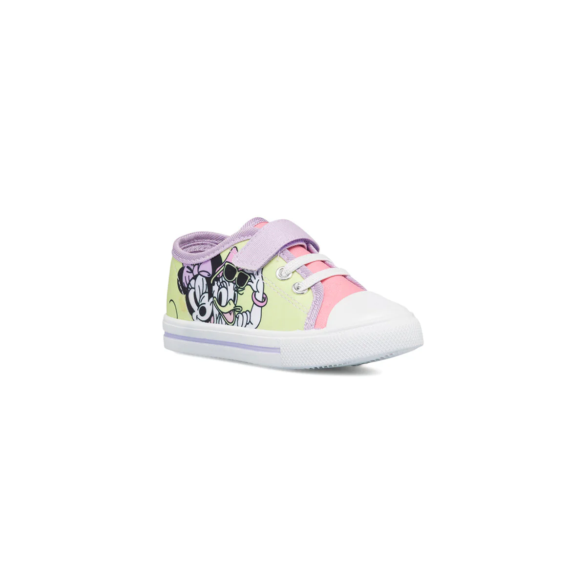 Sneakers primi passi gialle e lilla da bambina con stampa Minnie - Image 2