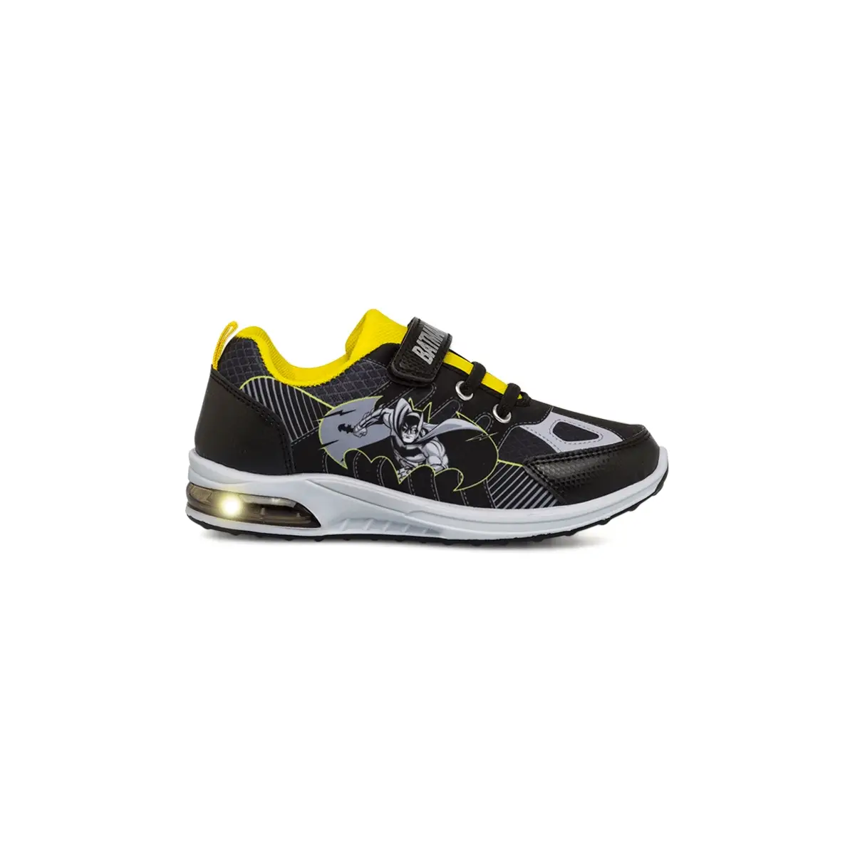 Sneakers primi passi nere da bambino con luci nella suola e logo Batman