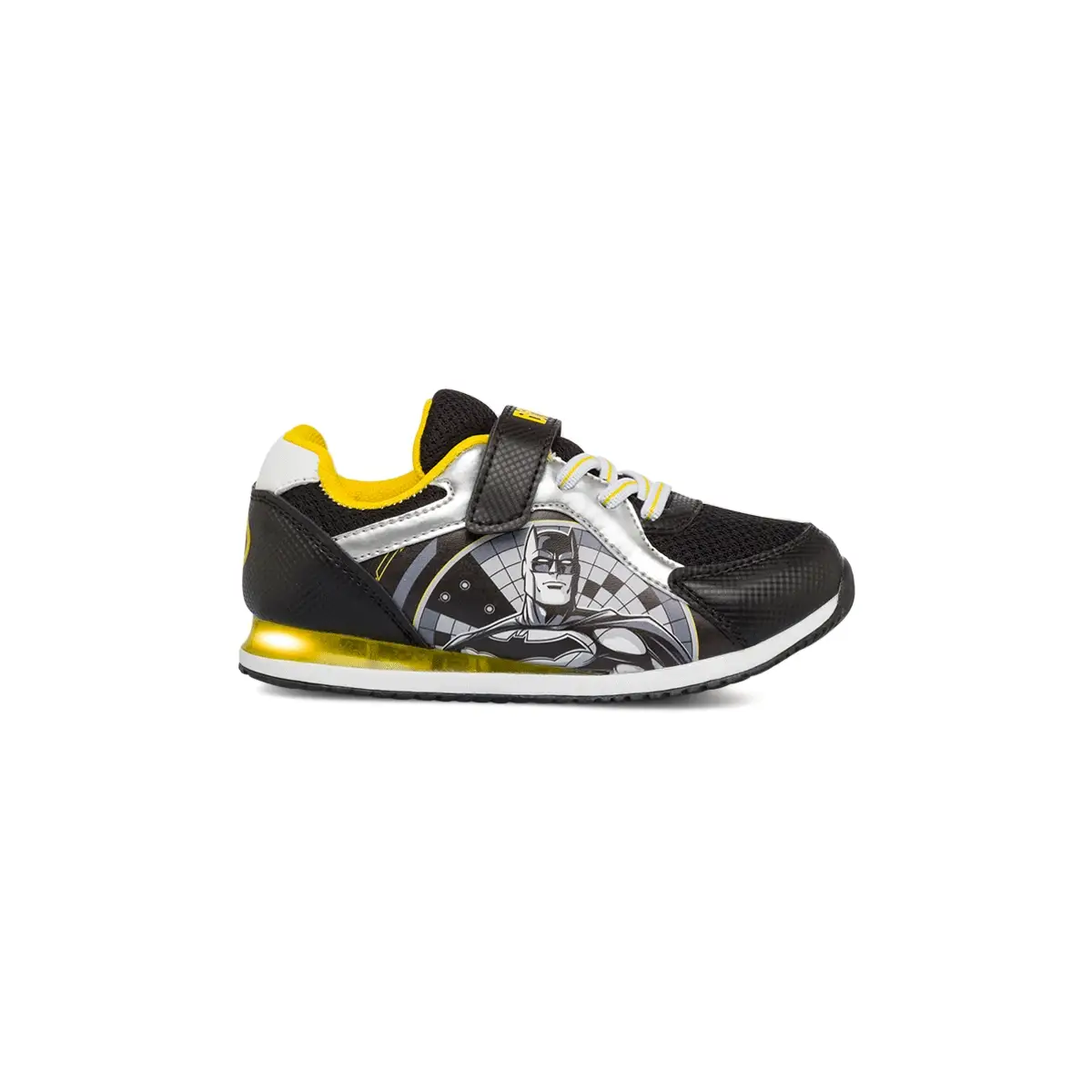 Sneakers primi passi nere da bambino con luci nella suola e stampa Batman