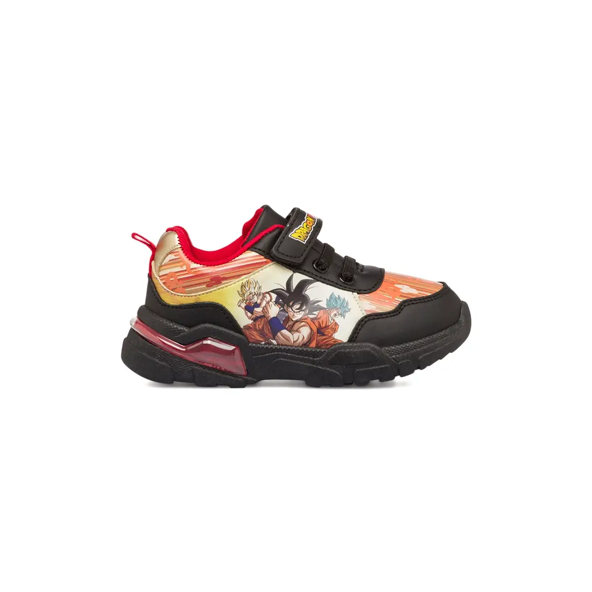 Sneakers primi passi nere e arancioni da bambino con luci nella suola e stampa Dragon Ball