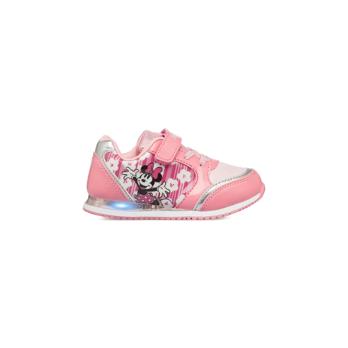Sneakers primi passi rosa da bambina con luci e stampa Minnie