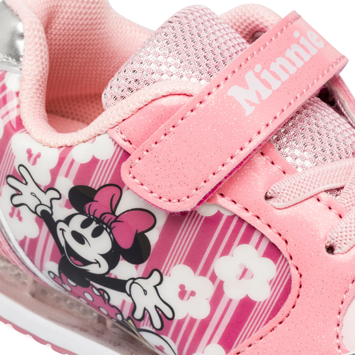 Sneakers primi passi rosa da bambina con luci e stampa Minnie - Image 5