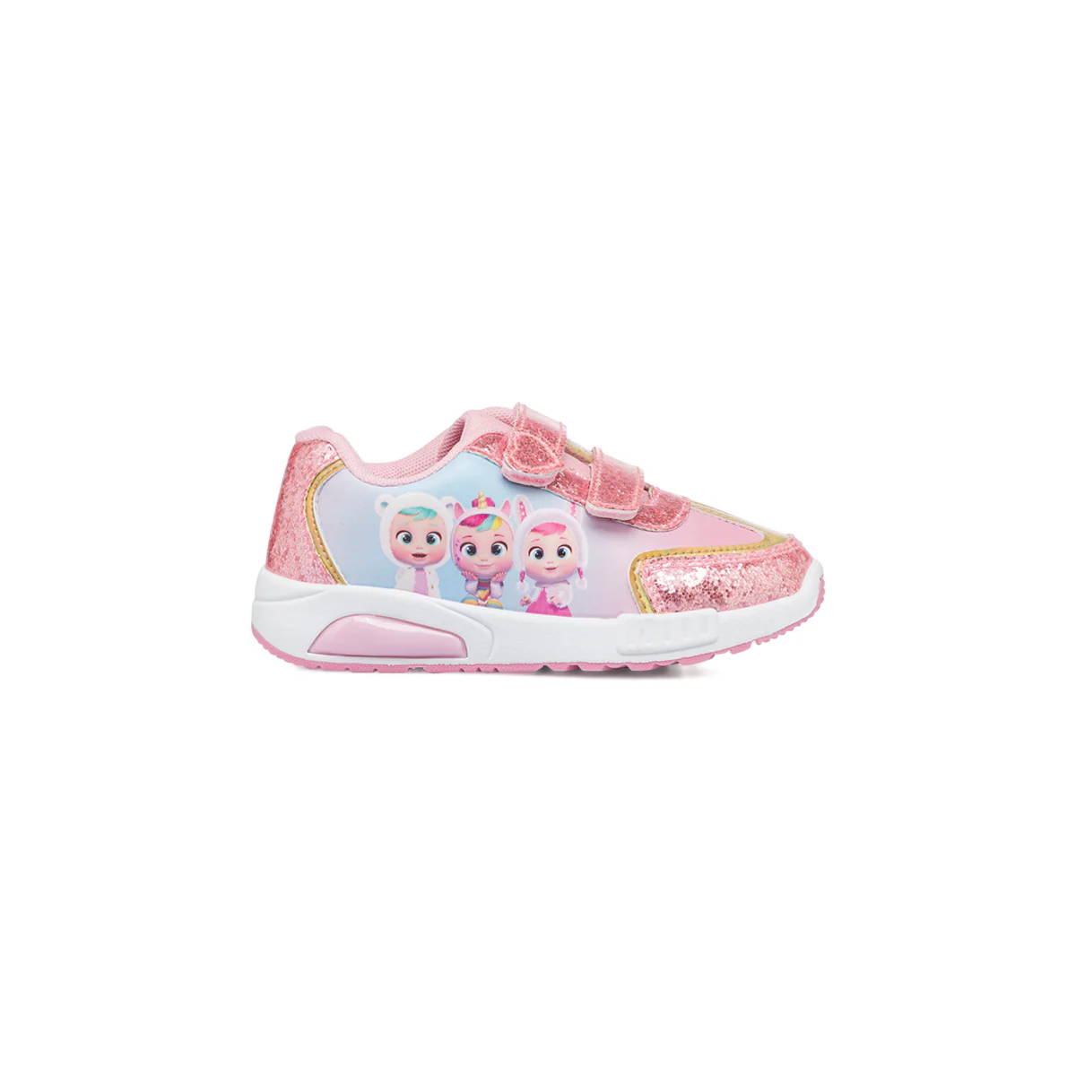 Sneakers primi passi rosa da bambina con luci nella suola e stampe Cry Babies - Image 2