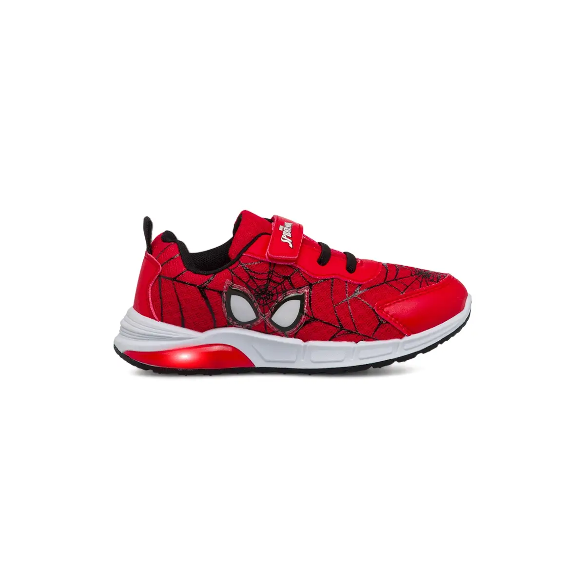 Sneakers primi passi rosse da bambino con luci nella suola e logo Spiderman