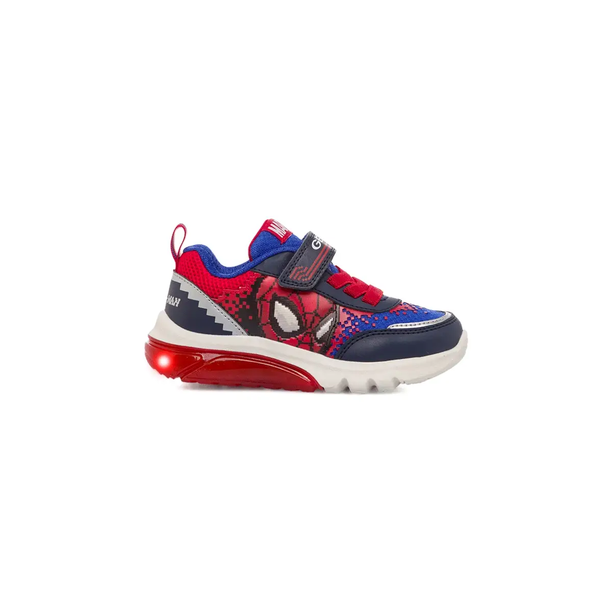 Sneakers traspiranti blu e rosse da bambino con stampa Spiderman e luci nella suola Geox Ciberdron