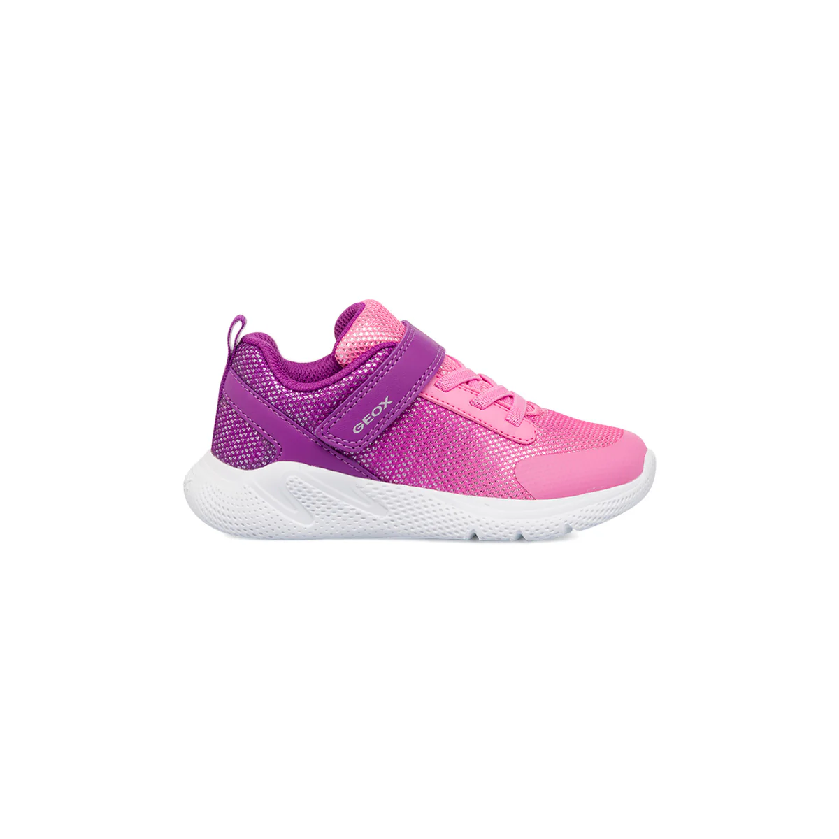 Sneakers traspiranti da bambina viola e rosa con glitter e logo Geox